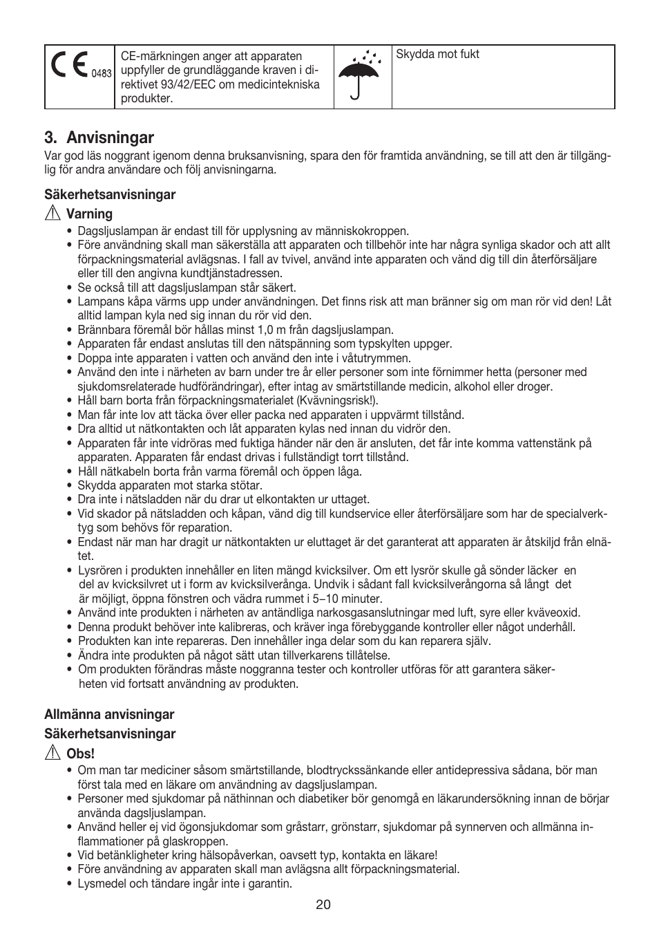 Anvisningar | Beurer TL 40 User Manual | Page 20 / 64