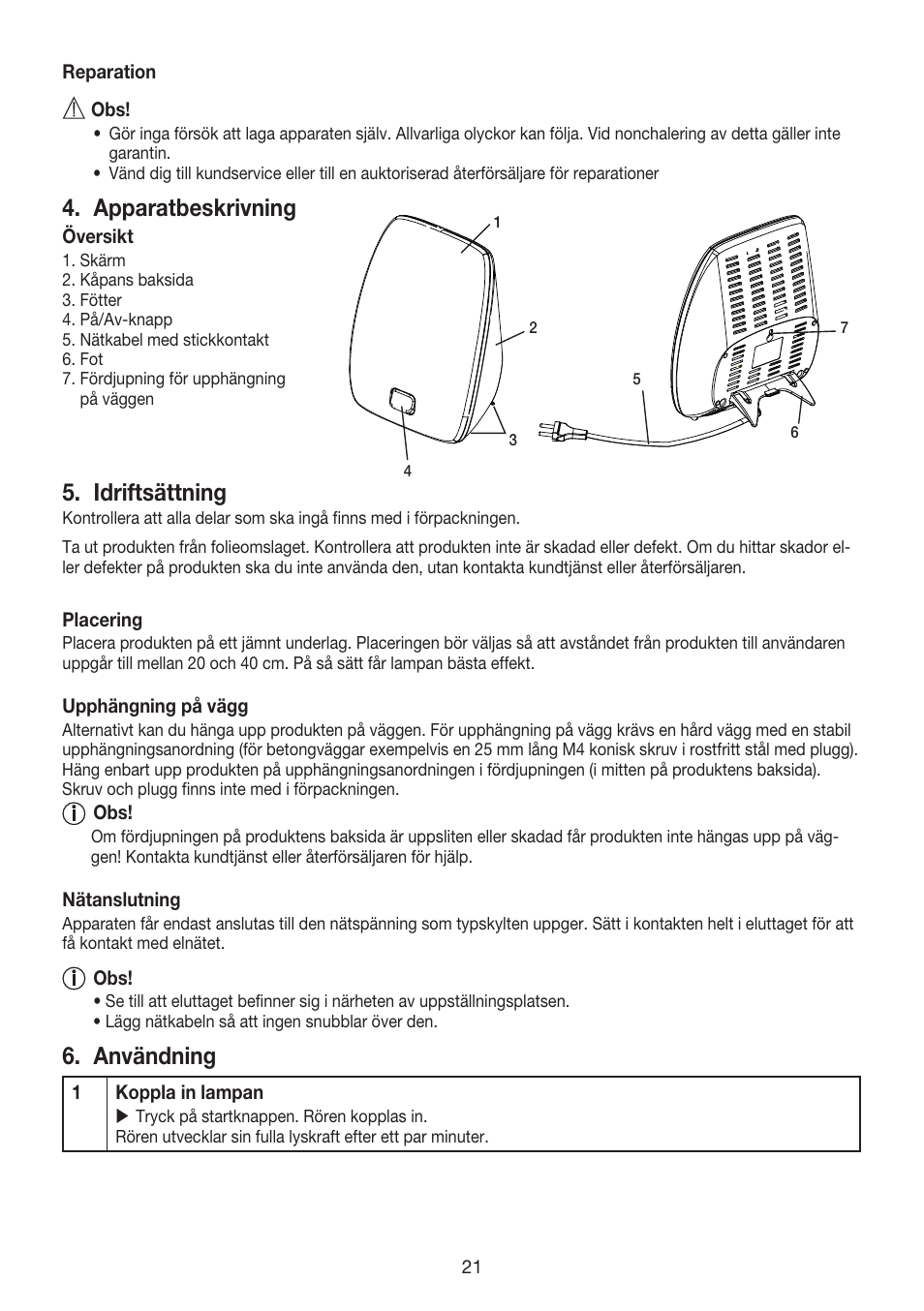 Apparatbeskrivning, Idriftsättning, Användning | Beurer TL 40 User Manual | Page 21 / 64