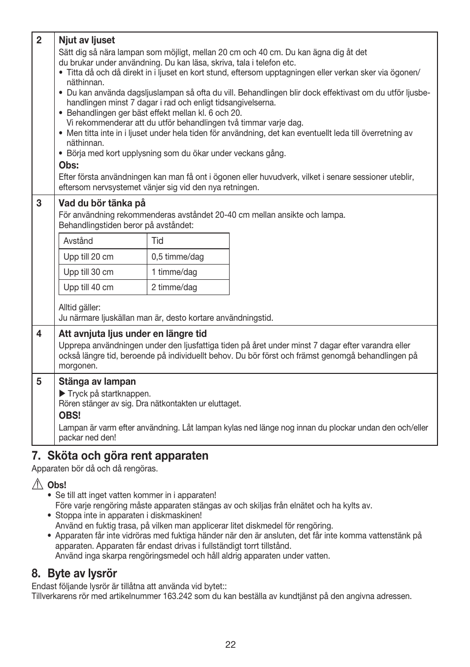 Sköta och göra rent apparaten, Byte av lysrör | Beurer TL 40 User Manual | Page 22 / 64