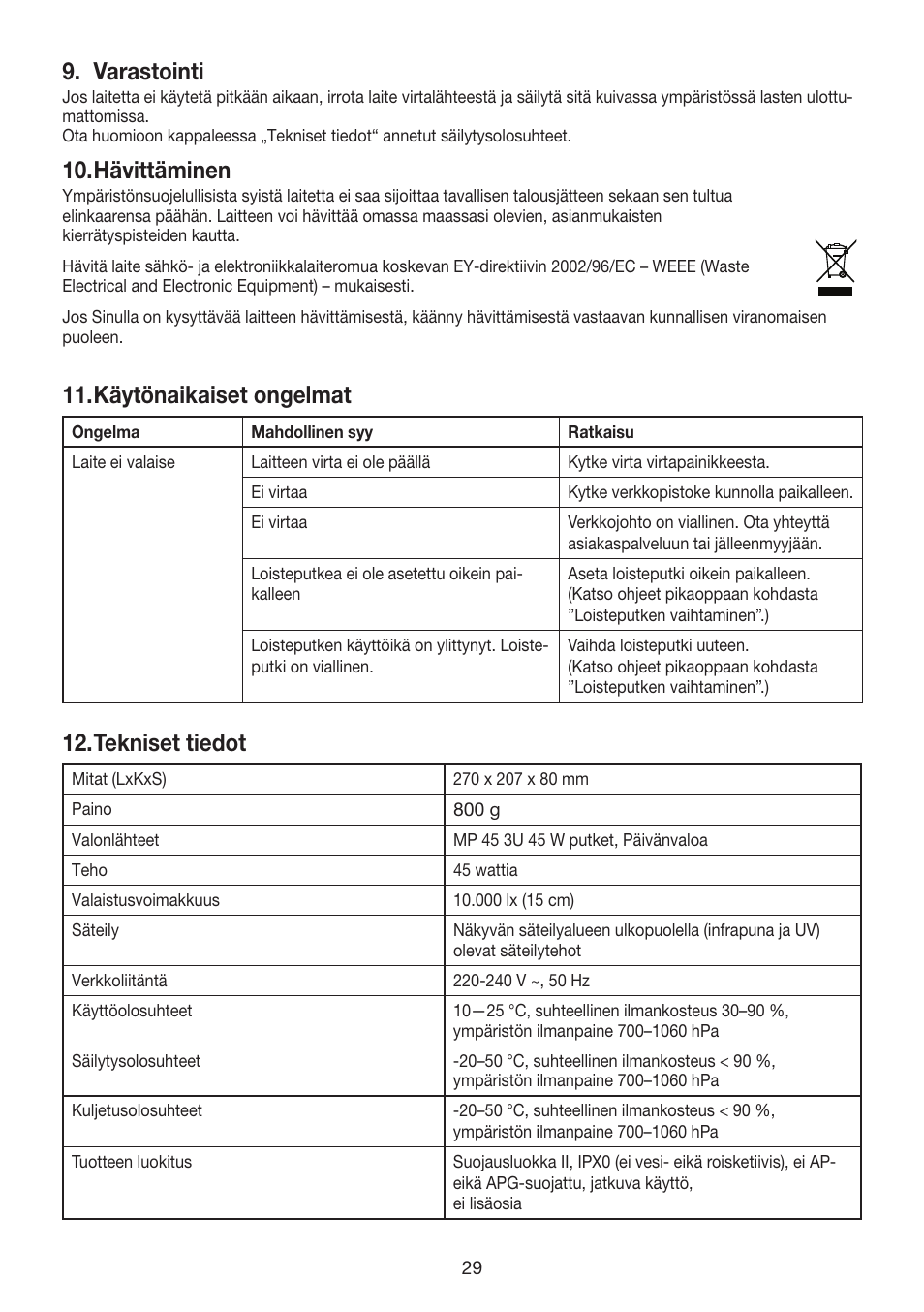 Varastointi, Hävittäminen, Käytönaikaiset ongelmat | Tekniset tiedot | Beurer TL 40 User Manual | Page 29 / 64