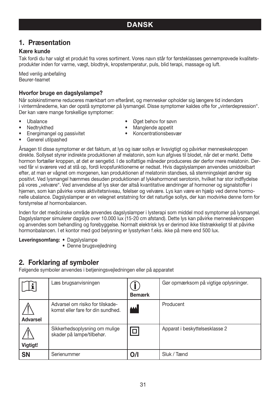Præsentation, Forklaring af symboler, Dansk | Beurer TL 40 User Manual | Page 31 / 64
