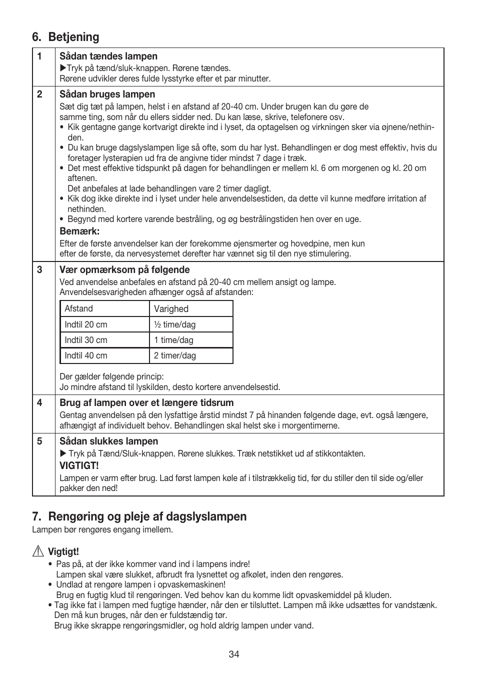 Betjening, Rengøring og pleje af dagslyslampen | Beurer TL 40 User Manual | Page 34 / 64