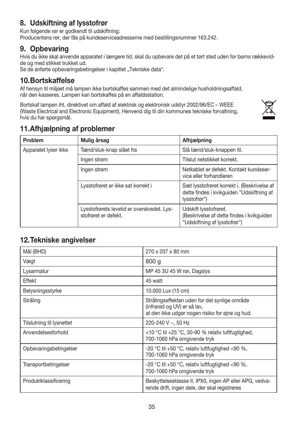 Udskiftning af lysstofrør, Opbevaring, Bortskaffelse | Afhjælpning af problemer, Tekniske angivelser | Beurer TL 40 User Manual | Page 35 / 64