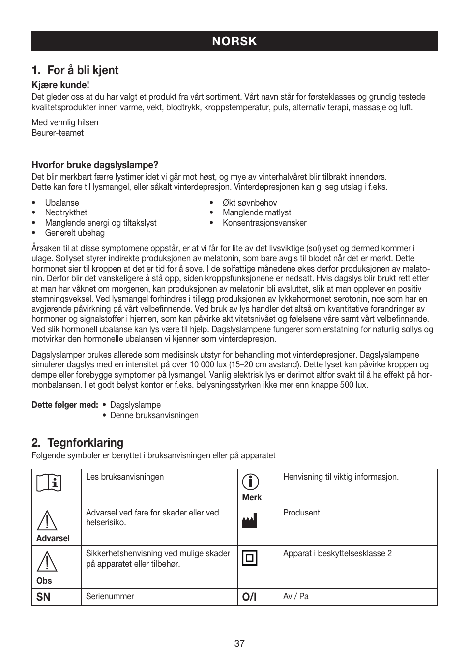 For å bli kjent, Tegnforklaring, Norsk | Beurer TL 40 User Manual | Page 37 / 64