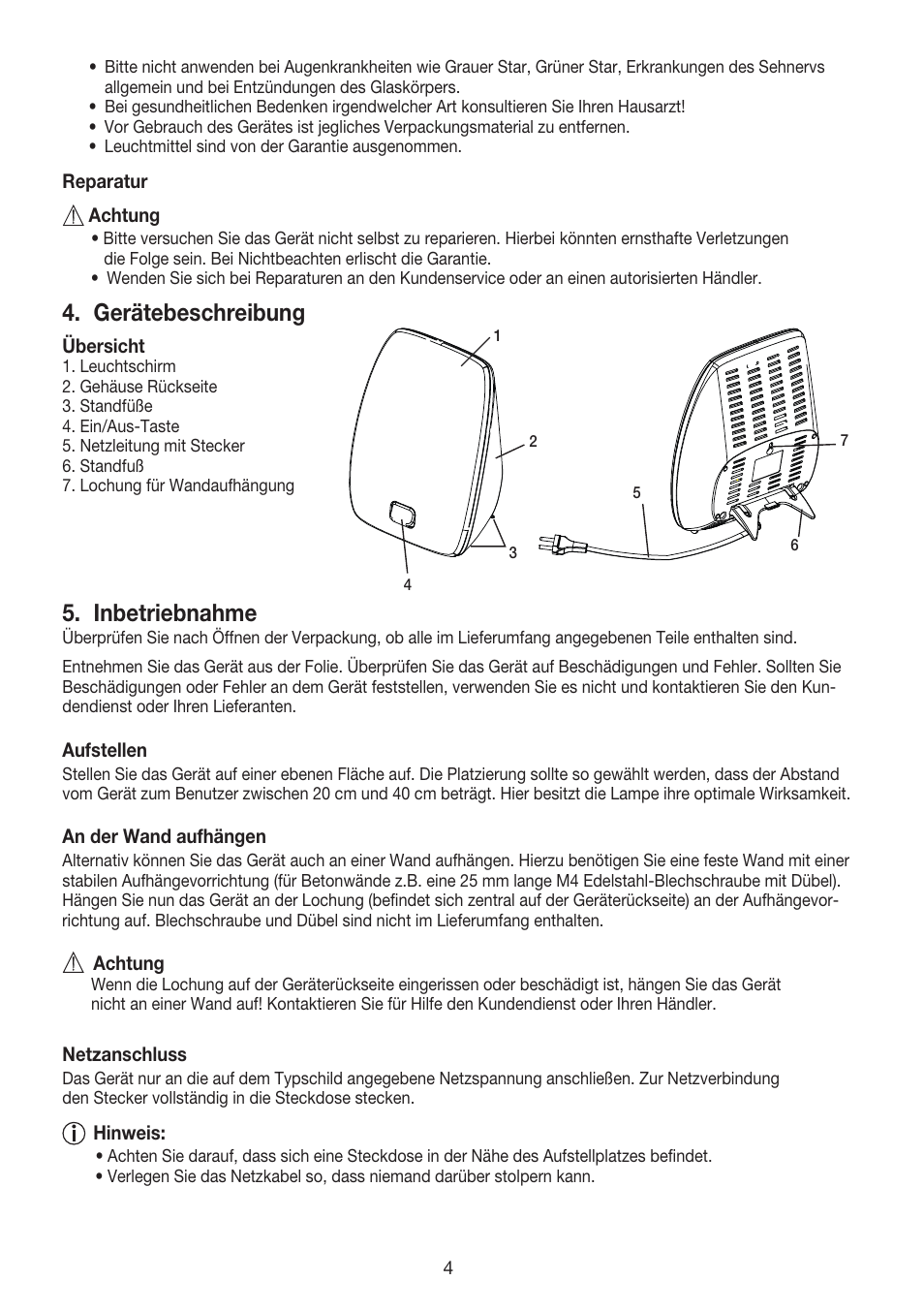 Gerätebeschreibung, Inbetriebnahme | Beurer TL 40 User Manual | Page 4 / 64