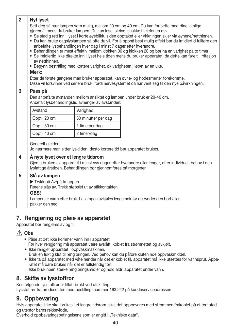 Rengjøring og pleie av apparatet, Skifte av lysstoffrør, Oppbevaring | Beurer TL 40 User Manual | Page 40 / 64