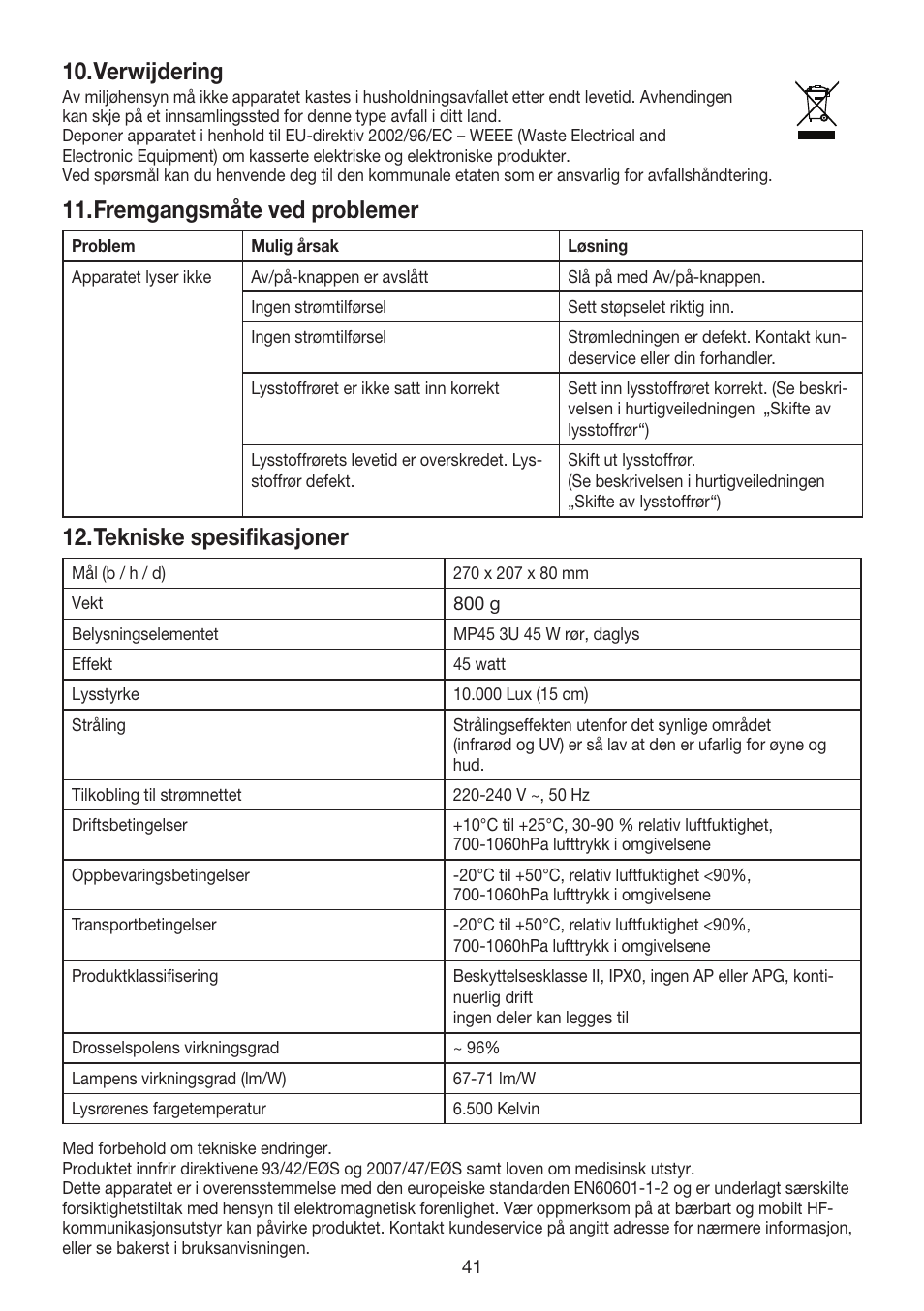 Verwijdering, Fremgangsmåte ved problemer, Tekniske spesifikasjoner | Beurer TL 40 User Manual | Page 41 / 64