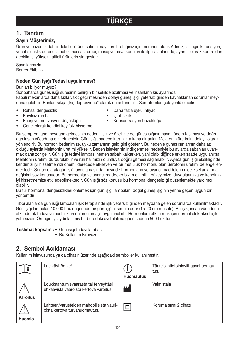 Türkçe, Tanıtım, Sembol açıklaması | Beurer TL 40 User Manual | Page 42 / 64