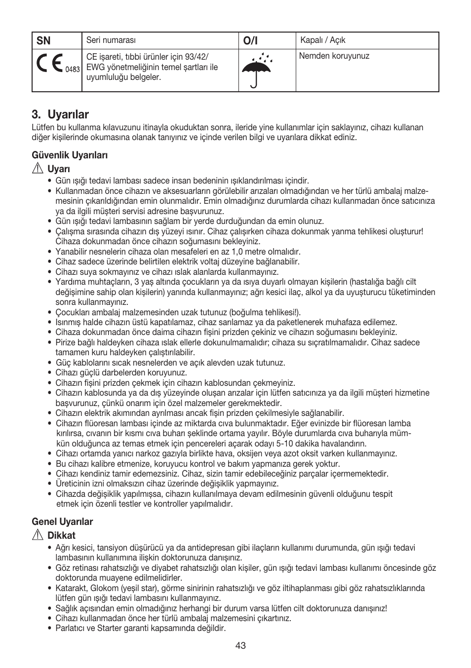 Uyarılar | Beurer TL 40 User Manual | Page 43 / 64