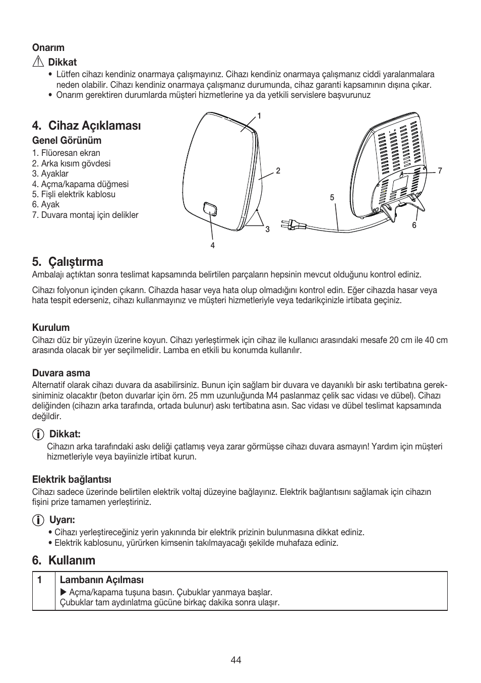 Cihaz açıklaması, Çalıştırma, Kullanım | Beurer TL 40 User Manual | Page 44 / 64