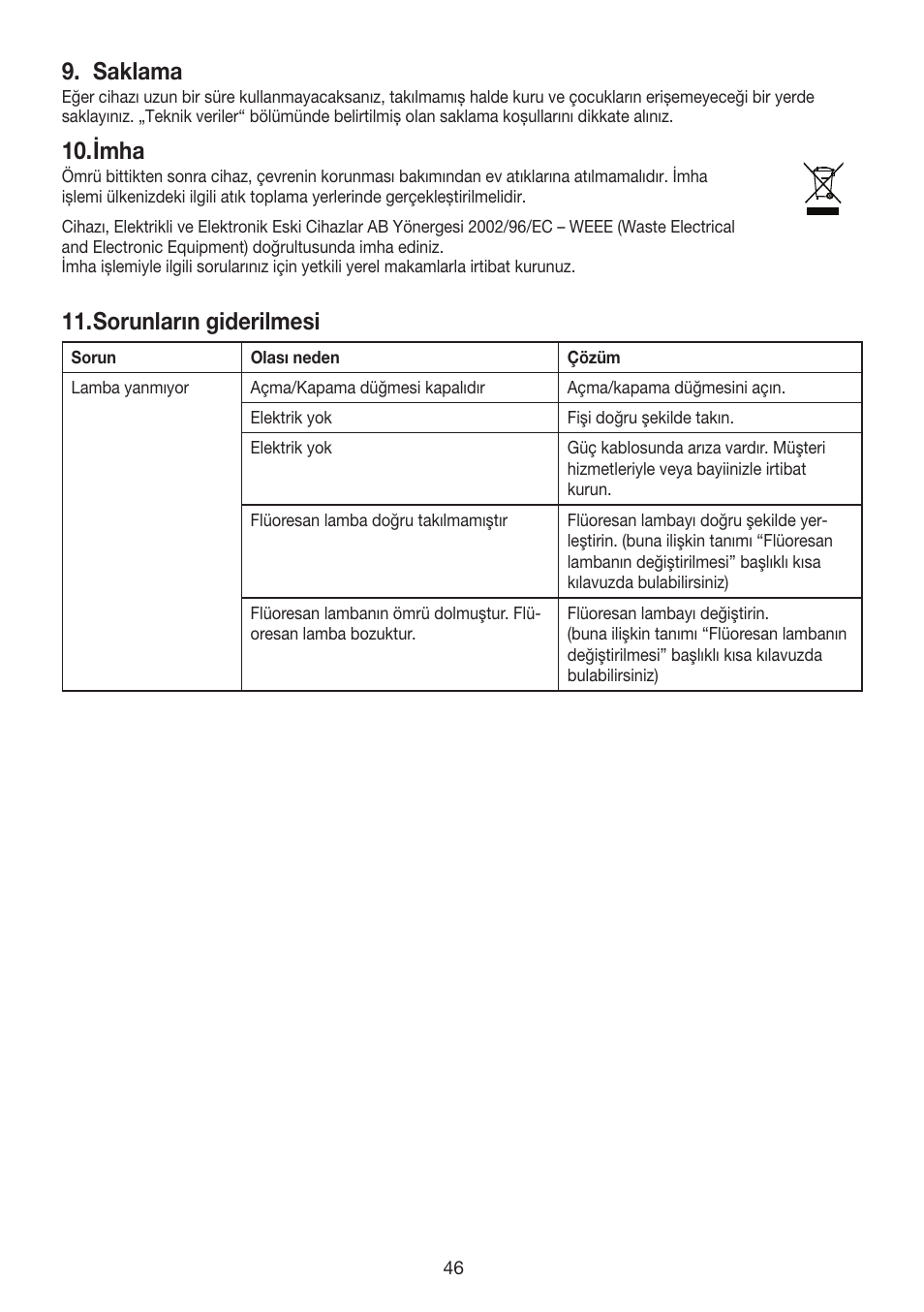 Saklama, Imha, Sorunların giderilmesi | Beurer TL 40 User Manual | Page 46 / 64