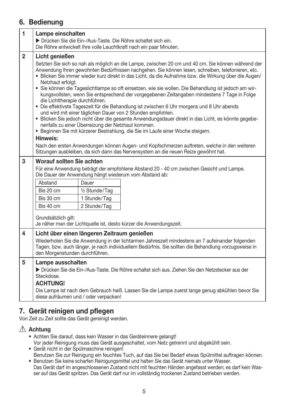 Bedienung, Gerät reinigen und pflegen | Beurer TL 40 User Manual | Page 5 / 64