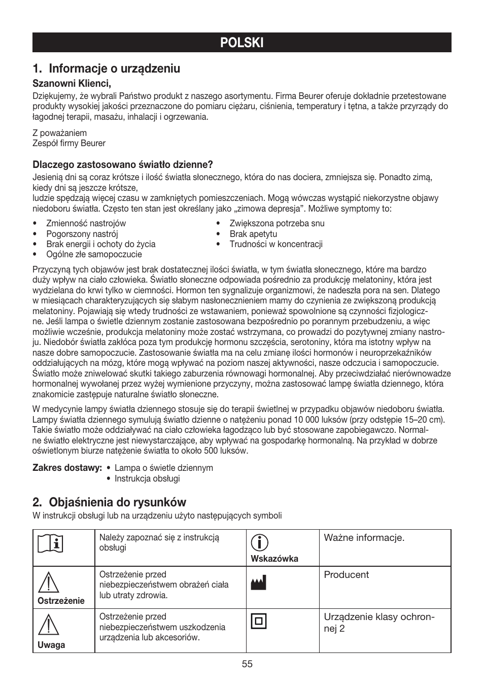 Polski, Informacje o urządzeniu, Objaśnienia do rysunków | Beurer TL 40 User Manual | Page 55 / 64
