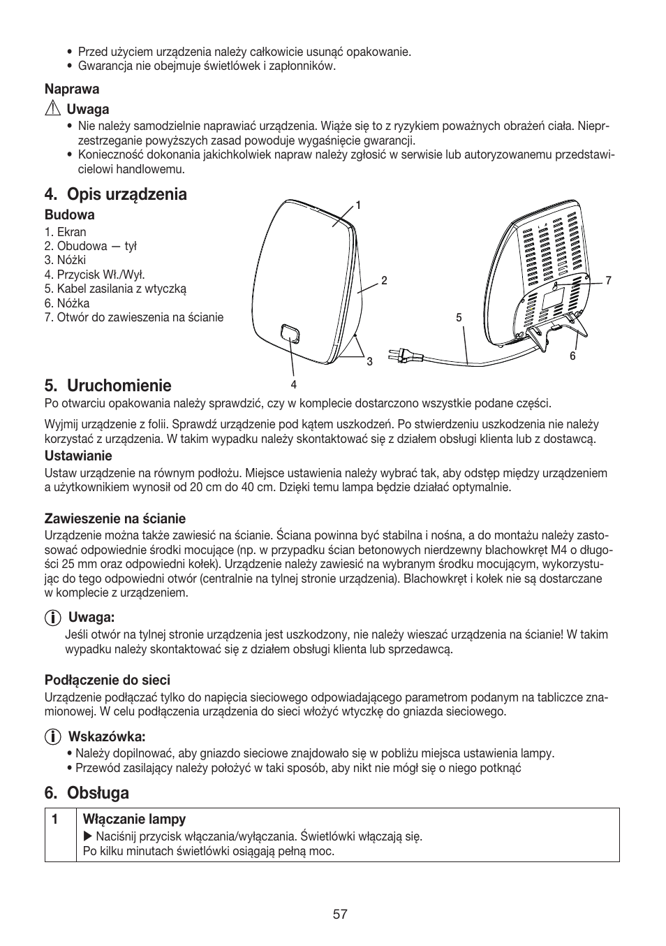Opis urządzenia, Uruchomienie, Obsługa | Beurer TL 40 User Manual | Page 57 / 64