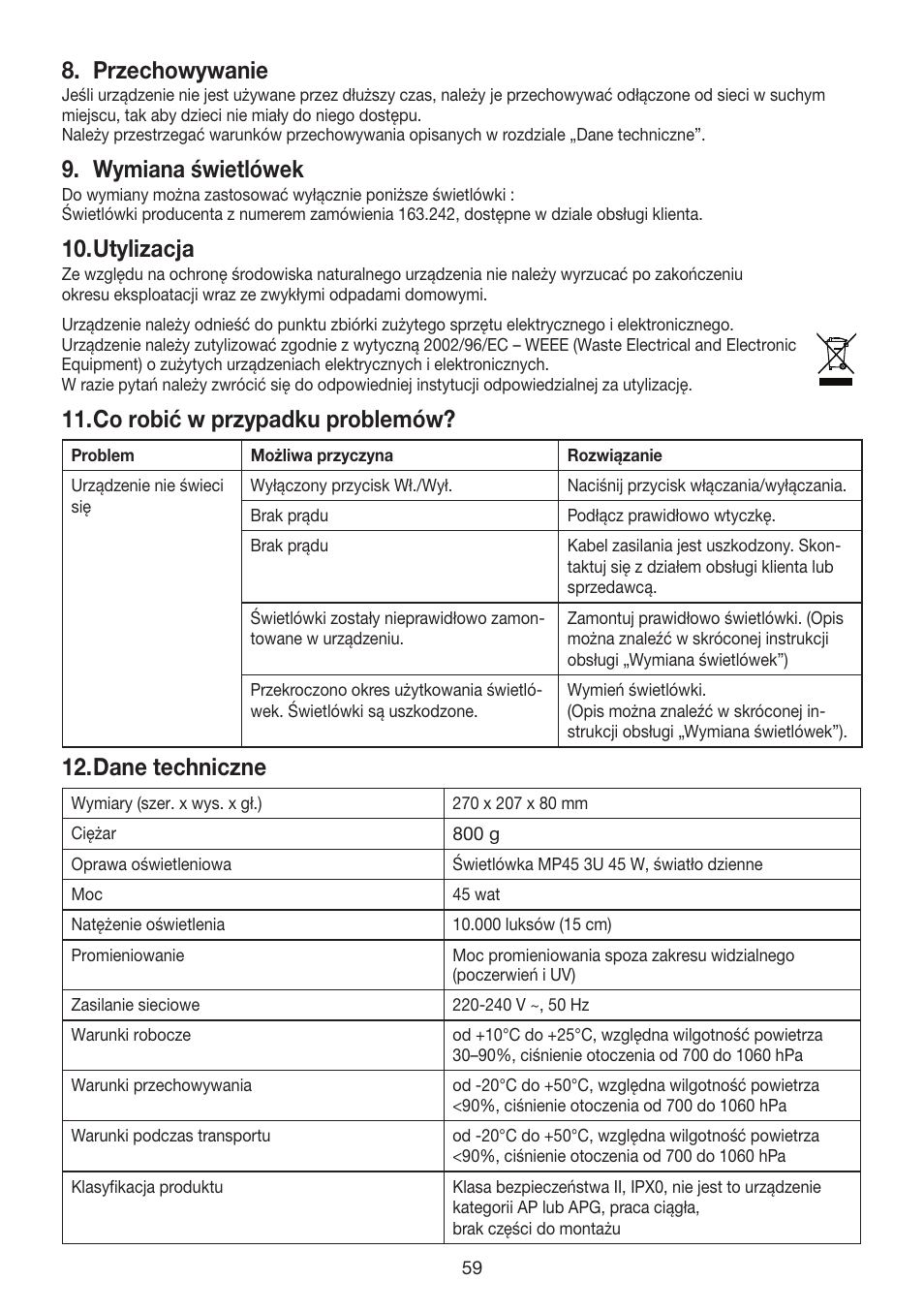 Przechowywanie, Wymiana świetlówek, Utylizacja | Co robić w przypadku problemów, Dane techniczne | Beurer TL 40 User Manual | Page 59 / 64