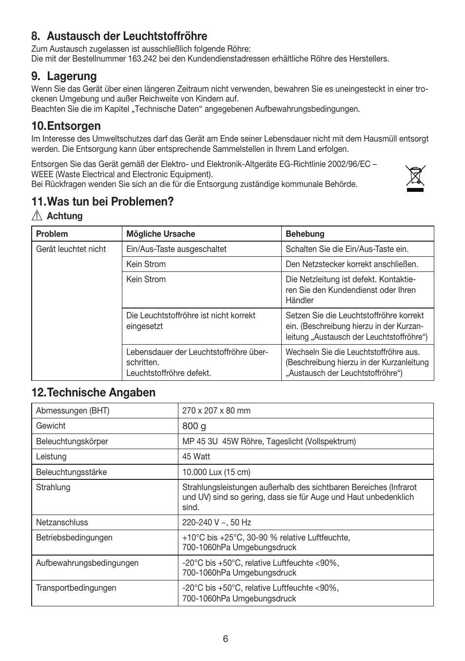 Austausch der leuchtstoffröhre, Lagerung, Entsorgen | Was tun bei problemen, Technische angaben | Beurer TL 40 User Manual | Page 6 / 64