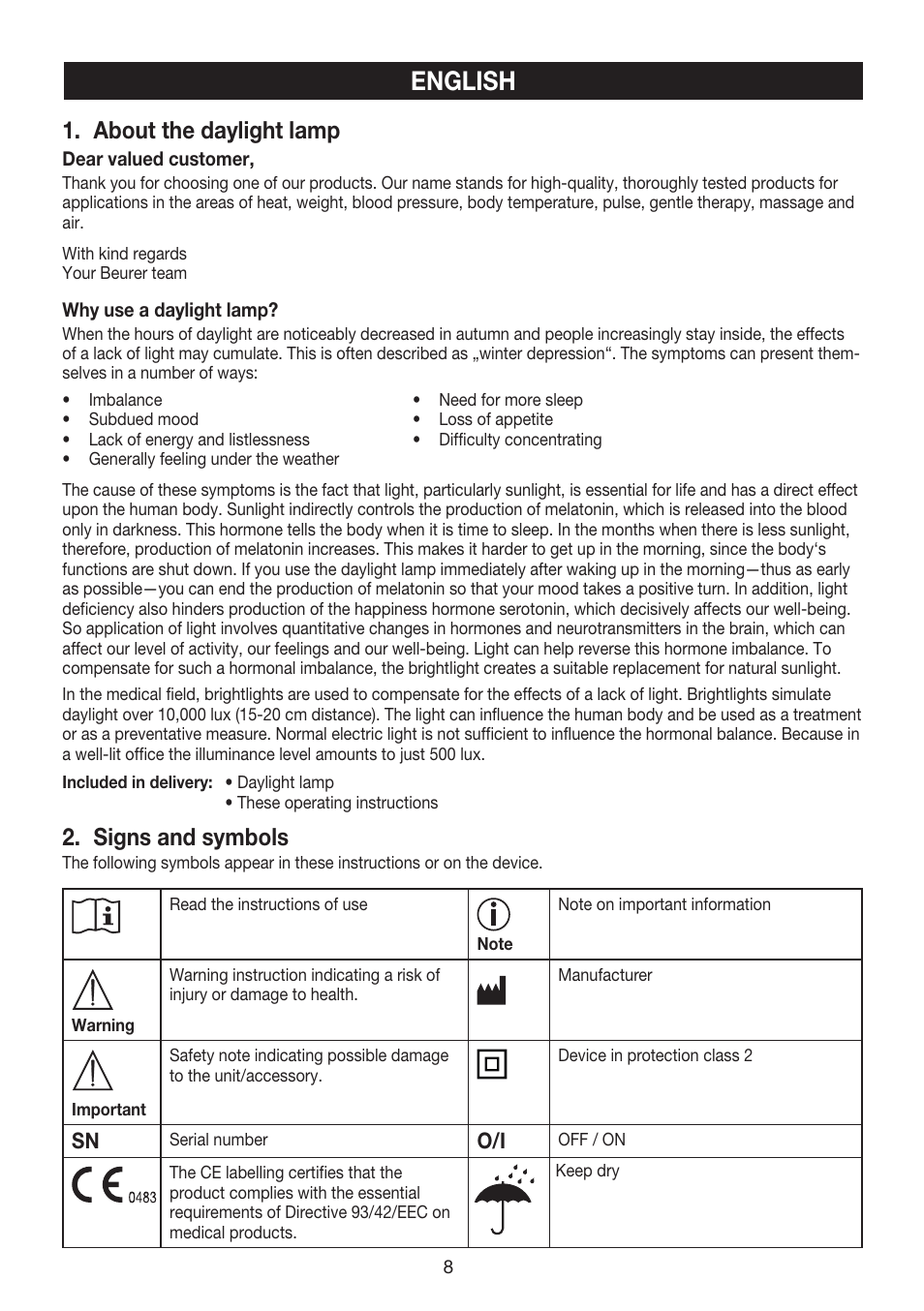 English, About the daylight lamp, Signs and symbols | Beurer TL 40 User Manual | Page 8 / 64