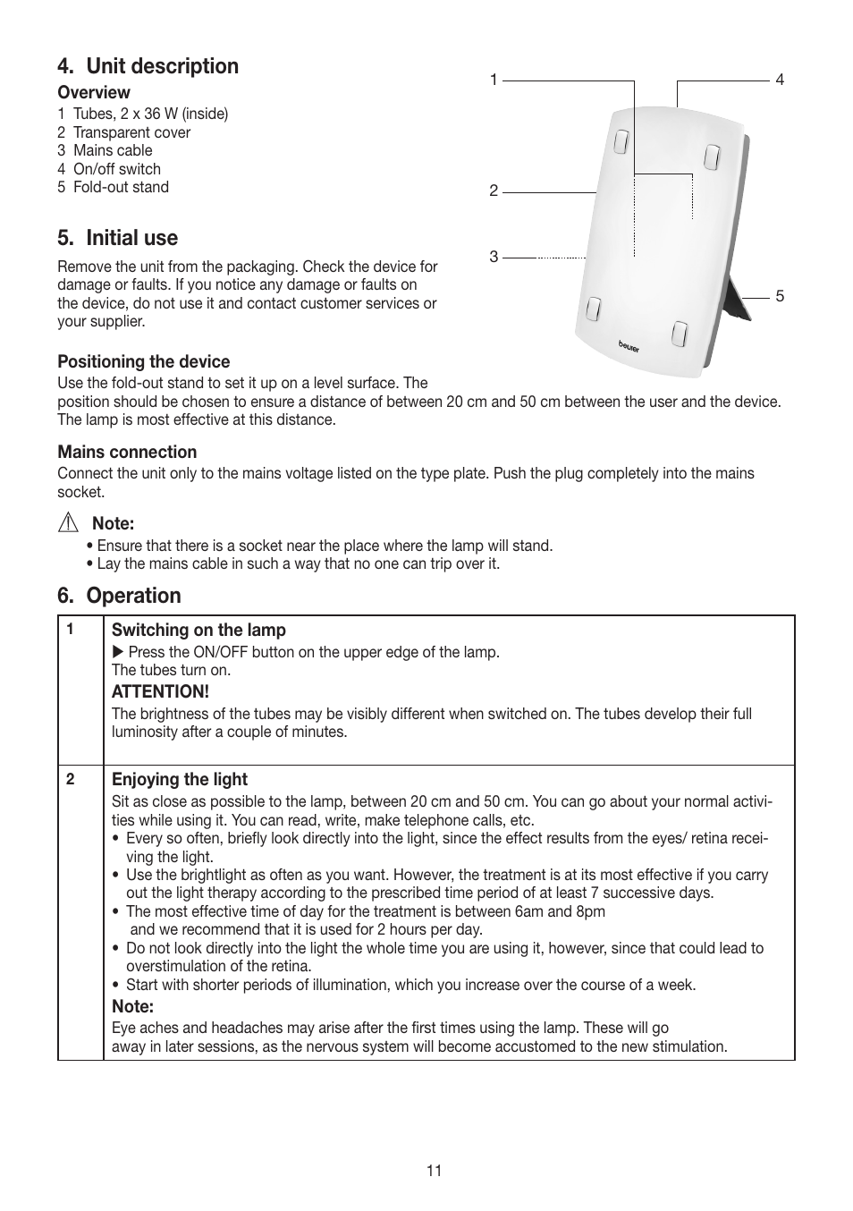 Unit description, Initial use, Operation | Beurer TL 60 User Manual | Page 11 / 56