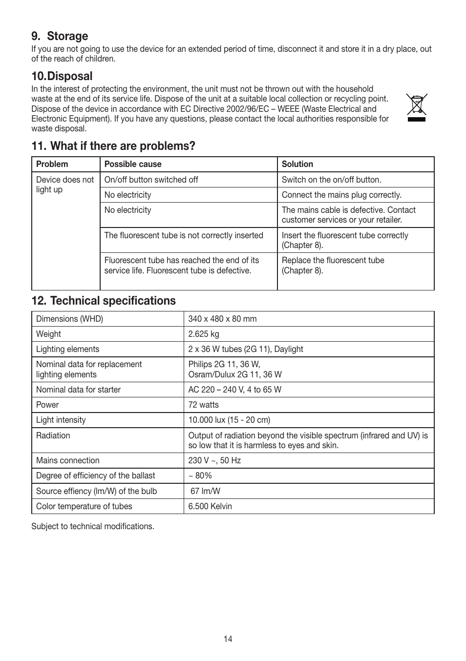 Storage, Disposal, What if there are problems | Technical specifications | Beurer TL 60 User Manual | Page 14 / 56