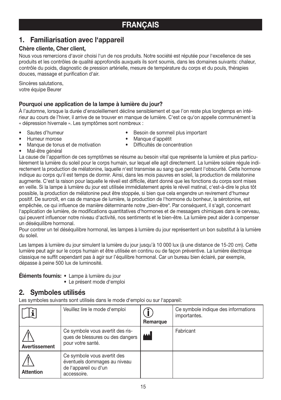 Français, Familiarisation avec l‘appareil, Symboles utilisés | Beurer TL 60 User Manual | Page 15 / 56