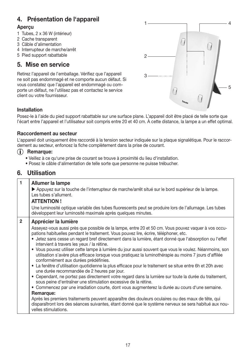 Présentation de l‘appareil, Mise en service, Utilisation | Beurer TL 60 User Manual | Page 17 / 56