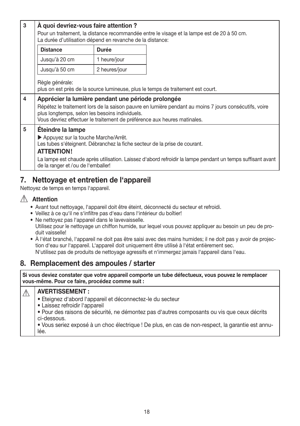 Nettoyage et entretien de l‘appareil, Remplacement des ampoules / starter | Beurer TL 60 User Manual | Page 18 / 56