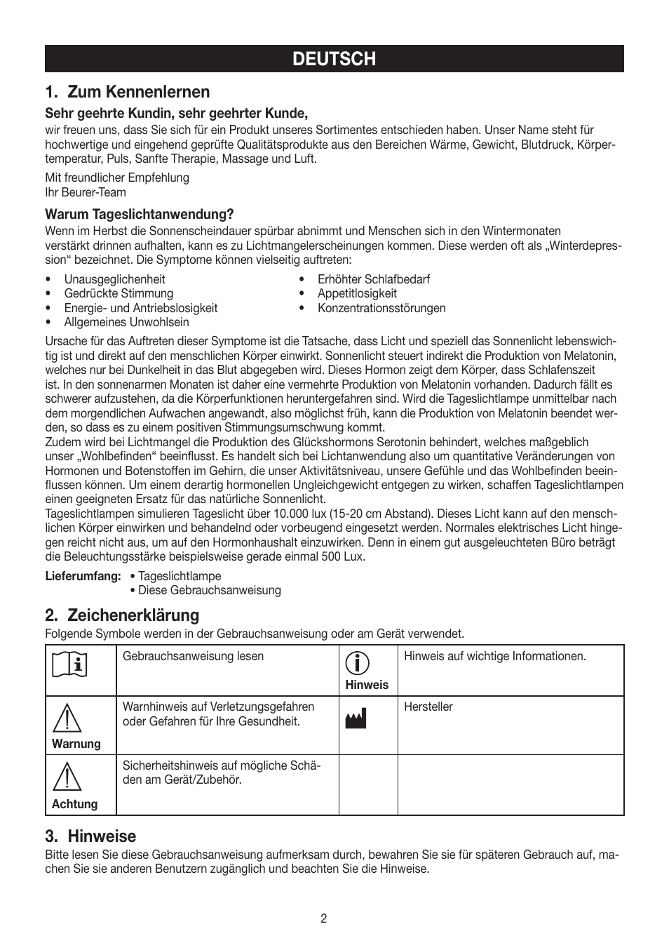 Deutsch, Zum kennenlernen, Zeichenerklärung | Hinweise | Beurer TL 60 User Manual | Page 2 / 56