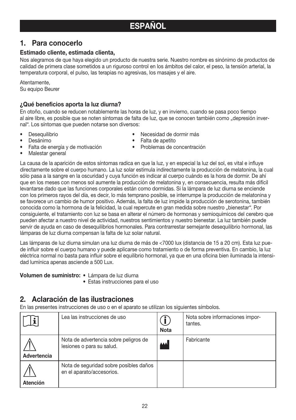 Español, Para conocerlo, Aclaración de las ilustraciones | Beurer TL 60 User Manual | Page 22 / 56