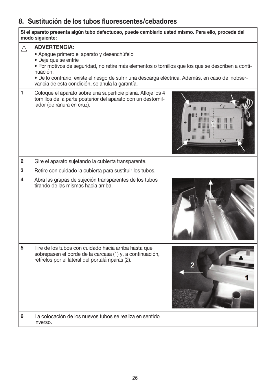 Sustitución de los tubos fluorescentes/cebadores | Beurer TL 60 User Manual | Page 26 / 56