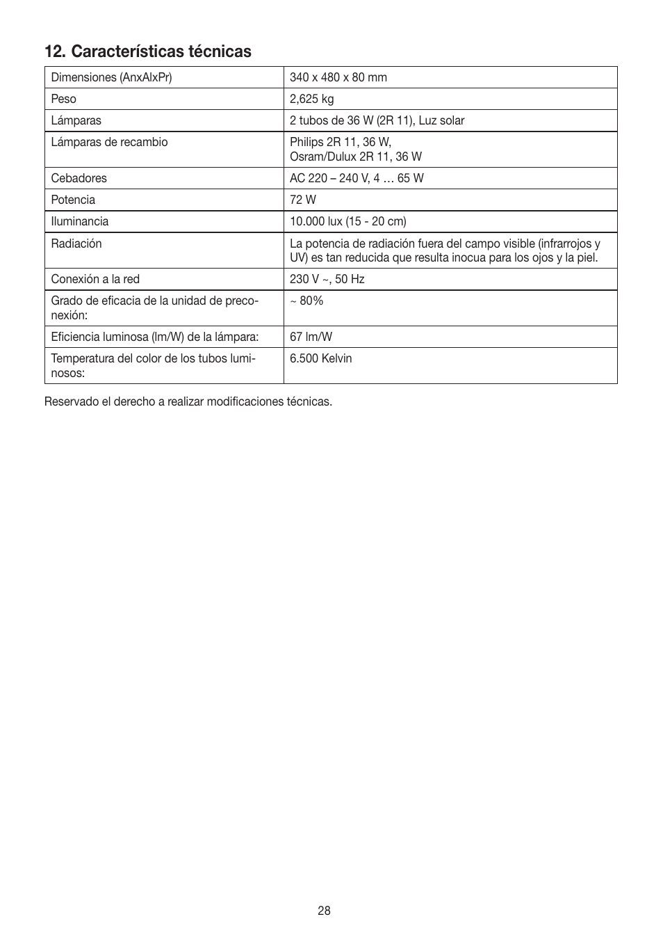 Características técnicas | Beurer TL 60 User Manual | Page 28 / 56