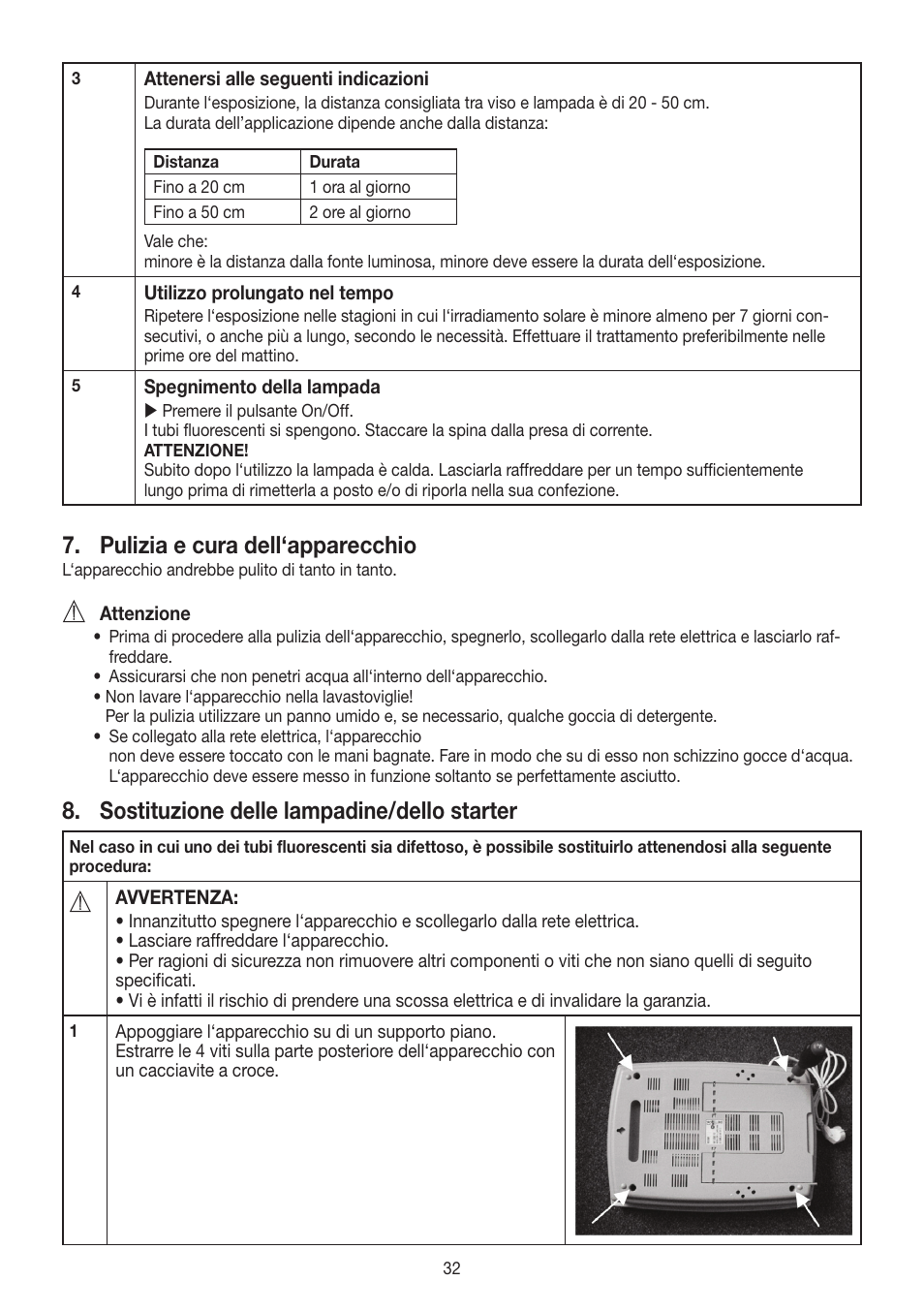 Pulizia e cura dell‘apparecchio, Sostituzione delle lampadine/dello starter | Beurer TL 60 User Manual | Page 32 / 56