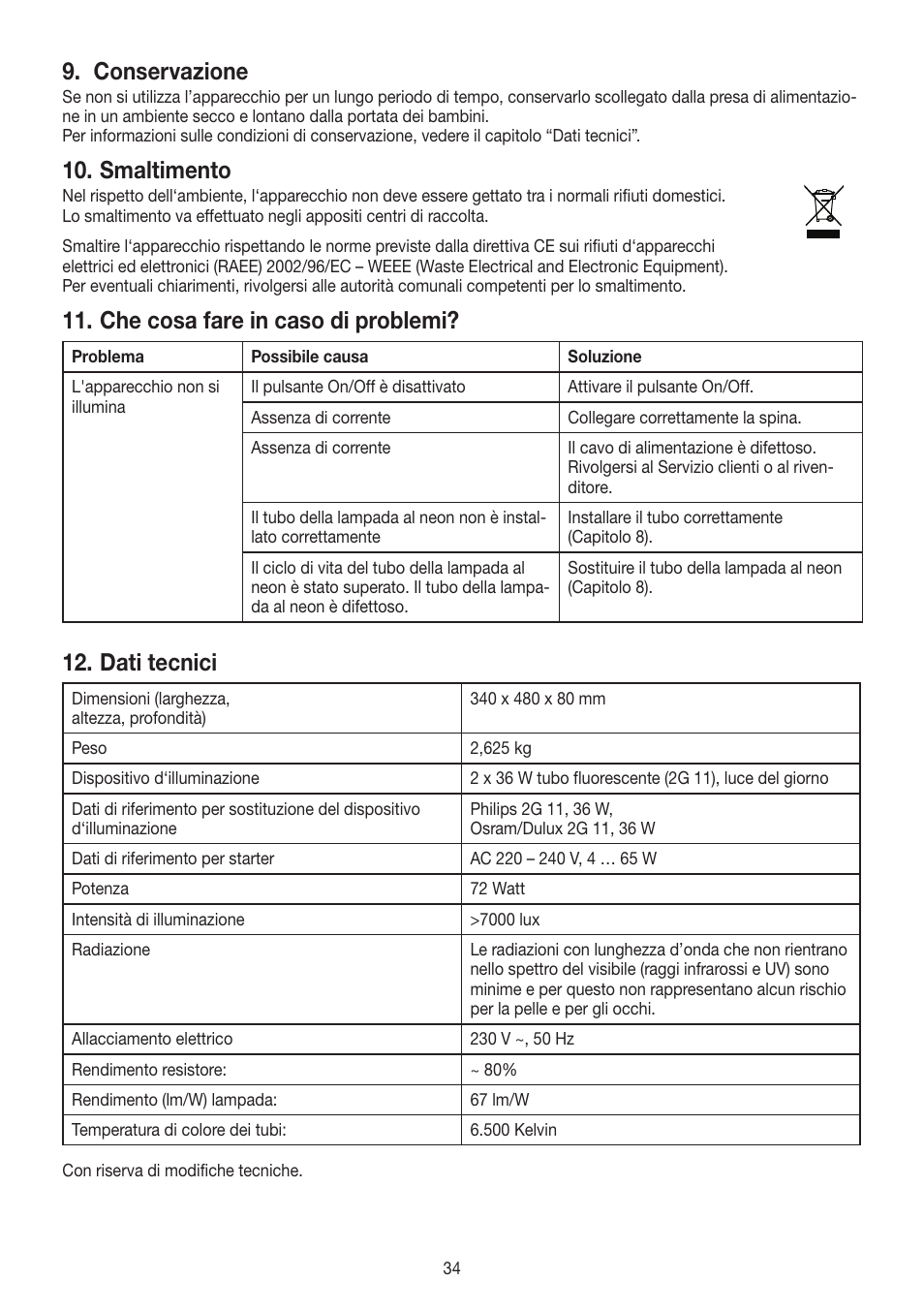 Conservazione, Smaltimento, Che cosa fare in caso di problemi | Dati tecnici | Beurer TL 60 User Manual | Page 34 / 56