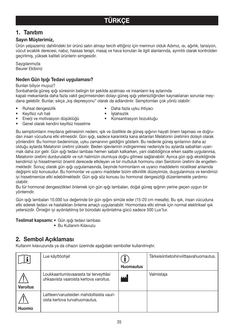 Türkçe, Tanıtım, Sembol açıklaması | Beurer TL 60 User Manual | Page 35 / 56