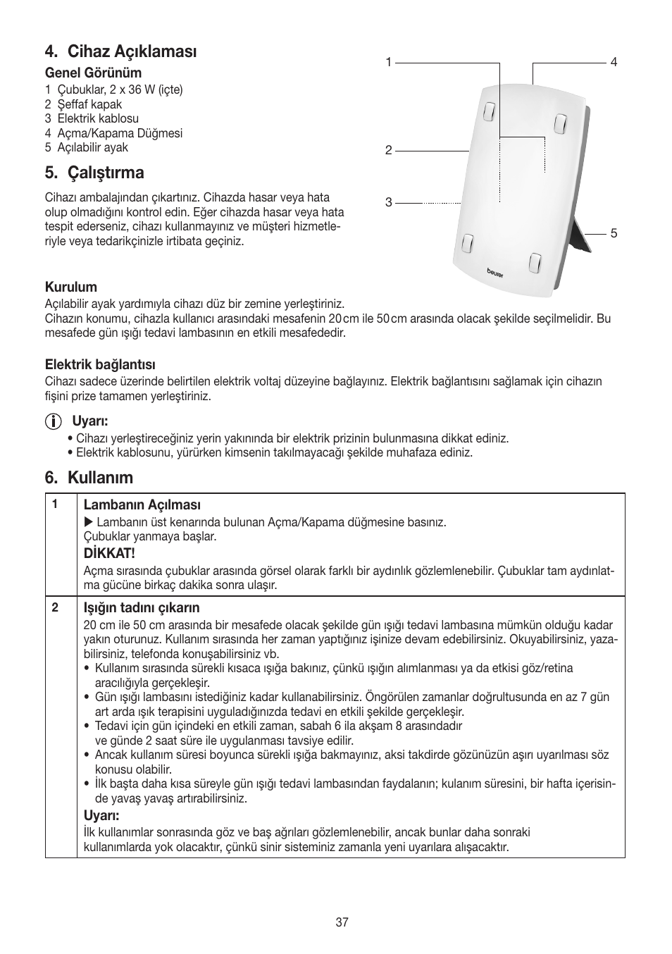 Cihaz açıklaması, Çalıştırma, Kullanım | Beurer TL 60 User Manual | Page 37 / 56