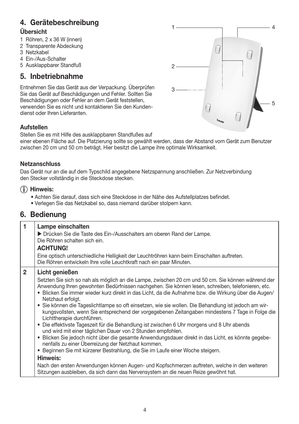 Gerätebeschreibung, Inbetriebnahme, Bedienung | Beurer TL 60 User Manual | Page 4 / 56