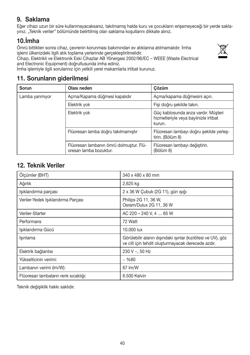 Saklama, Imha, Sorunların giderilmesi | Teknik veriler | Beurer TL 60 User Manual | Page 40 / 56