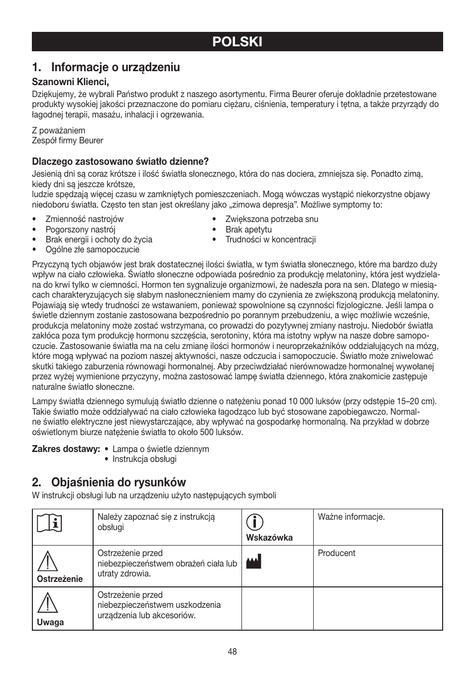 Polski, Informacje o urządzeniu, Objaśnienia do rysunków | Beurer TL 60 User Manual | Page 48 / 56