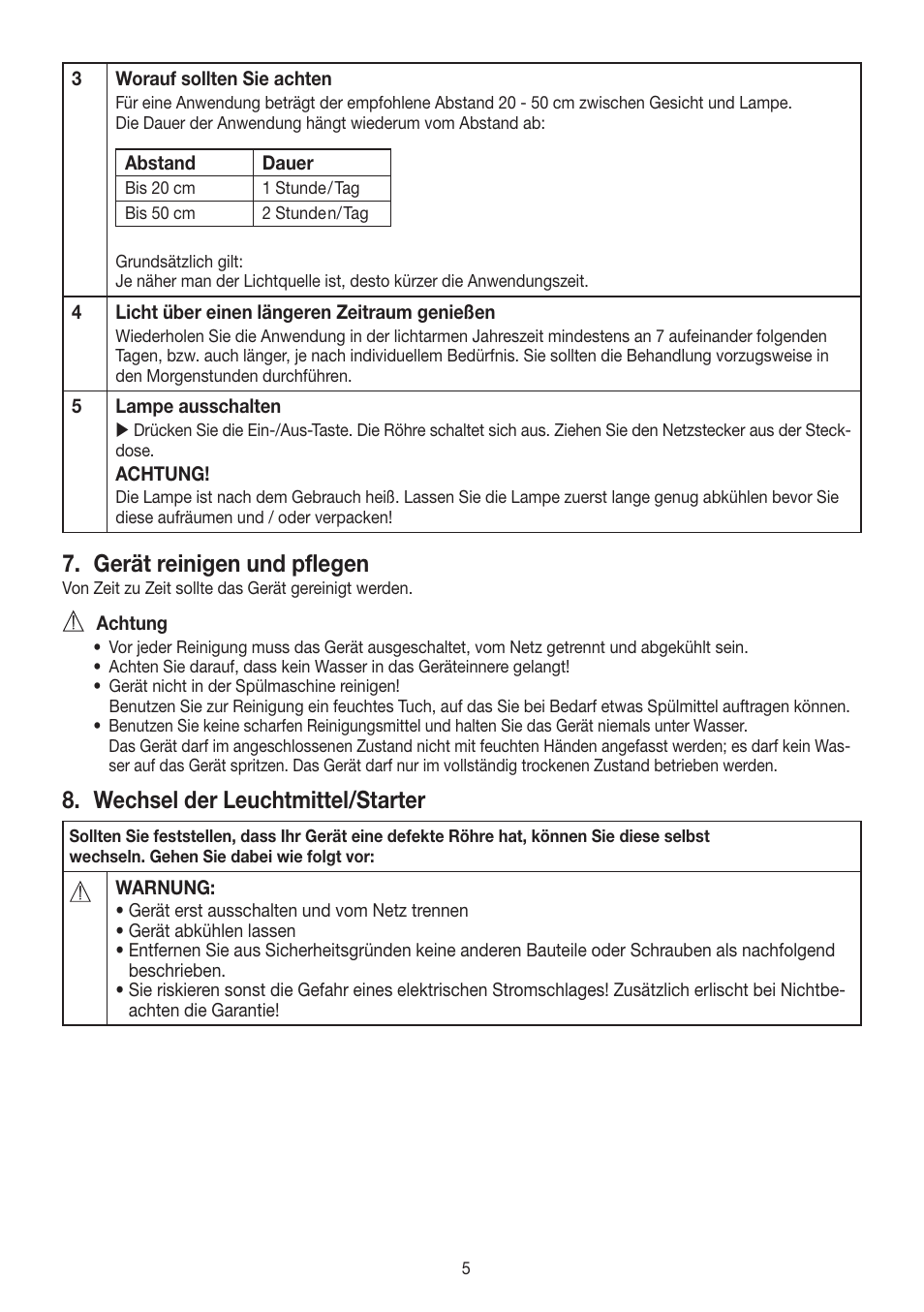 Gerät reinigen und pflegen, Wechsel der leuchtmittel/starter | Beurer TL 60 User Manual | Page 5 / 56