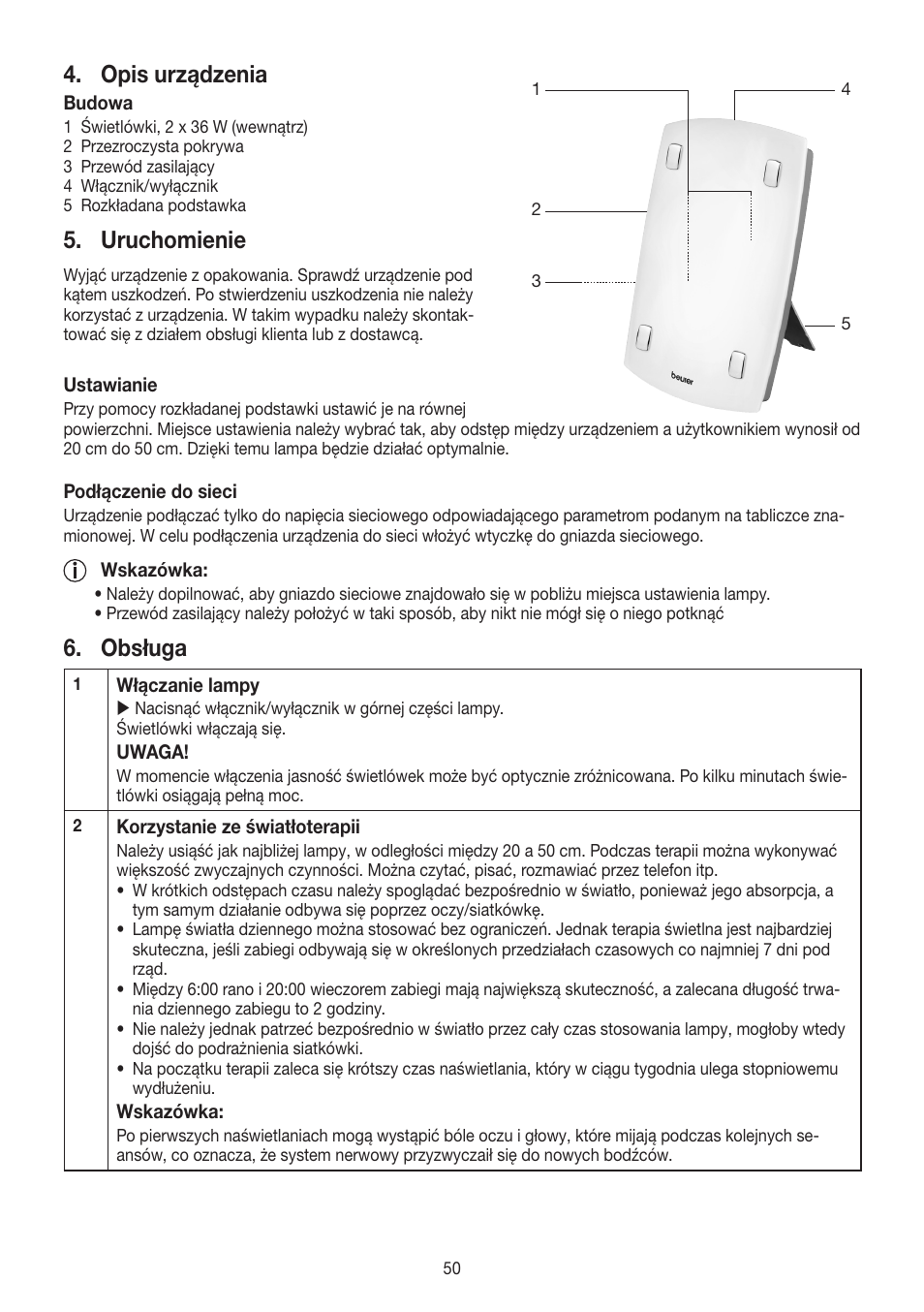 Opis urządzenia, Uruchomienie, Obsługa | Beurer TL 60 User Manual | Page 50 / 56