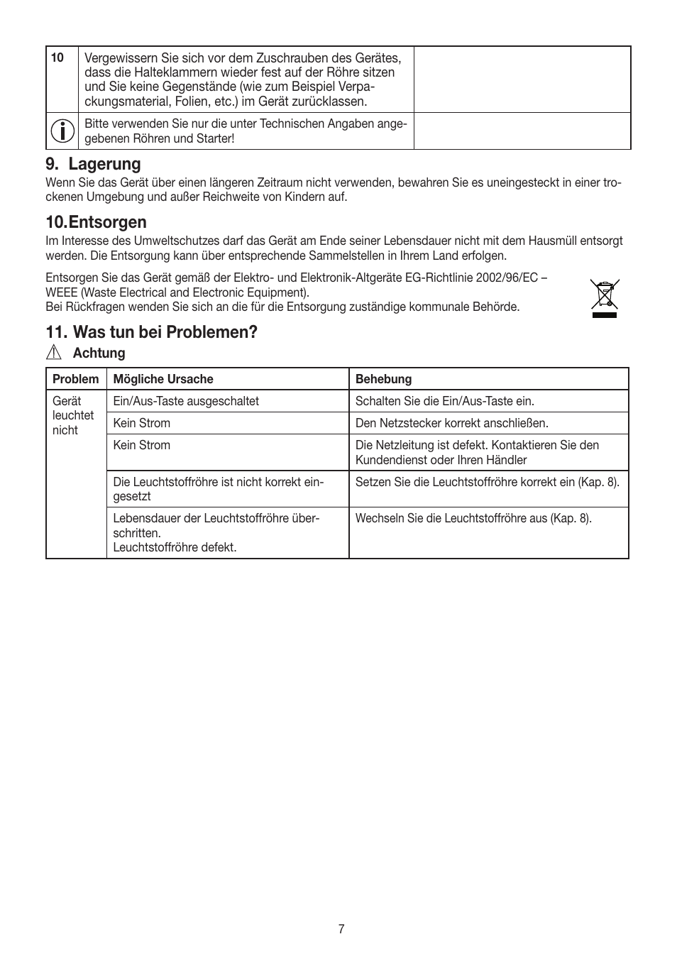 Lagerung, Entsorgen, Was tun bei problemen | Beurer TL 60 User Manual | Page 7 / 56