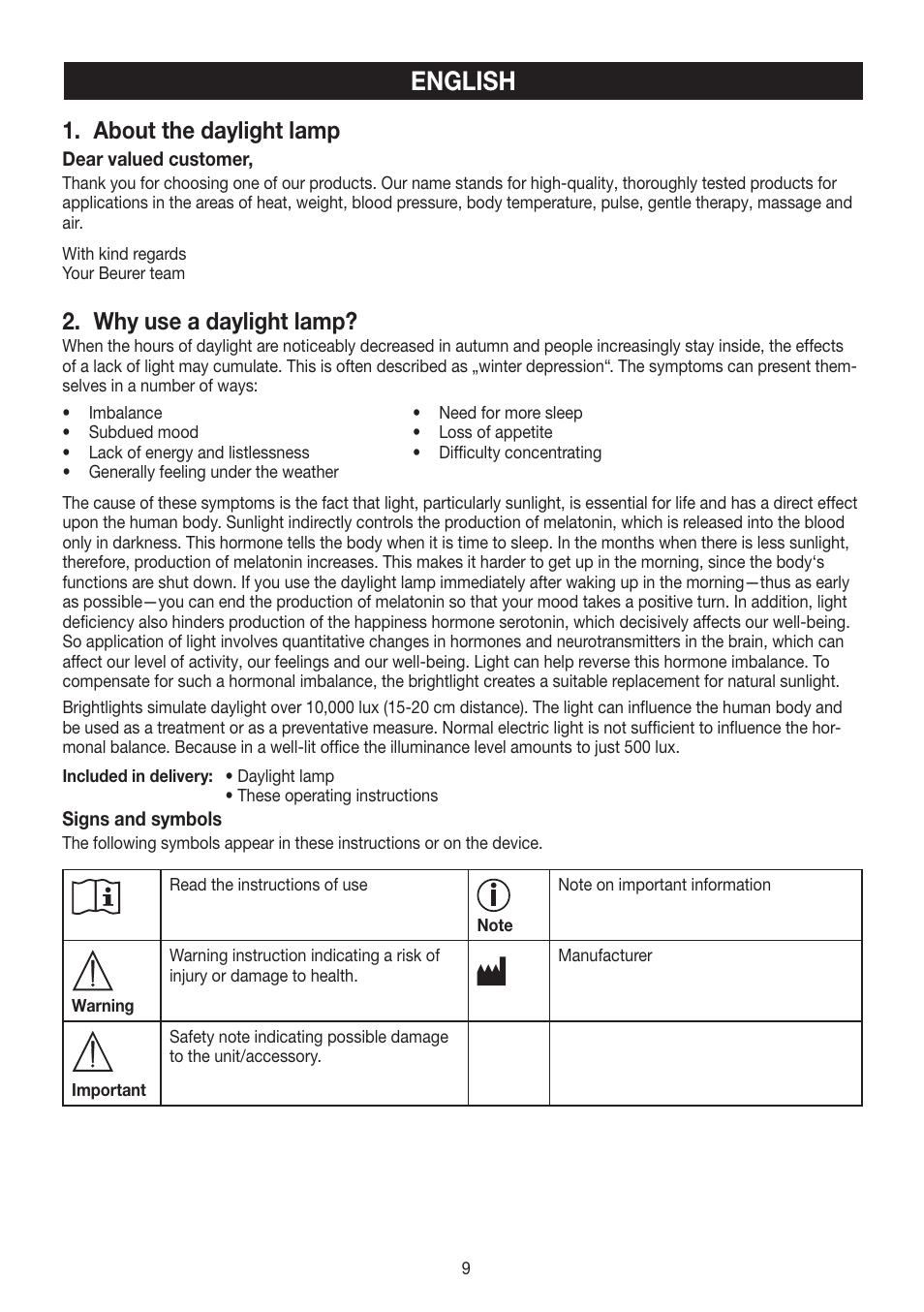 English, About the daylight lamp, Why use a daylight lamp | Beurer TL 60 User Manual | Page 9 / 56