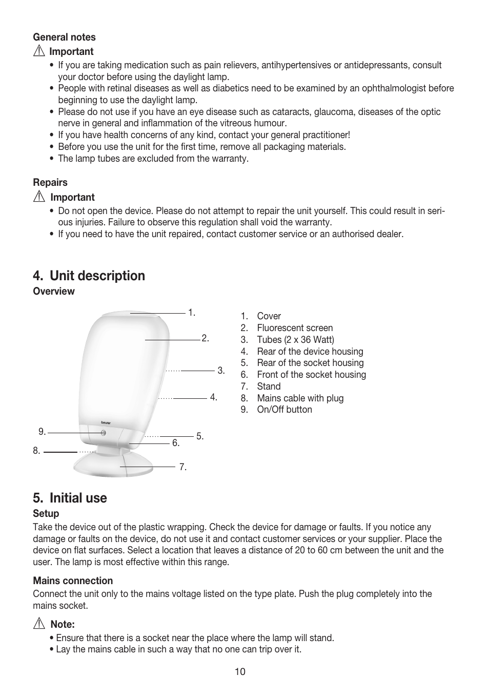 Unit description, Initial use | Beurer TL 80 User Manual | Page 10 / 52