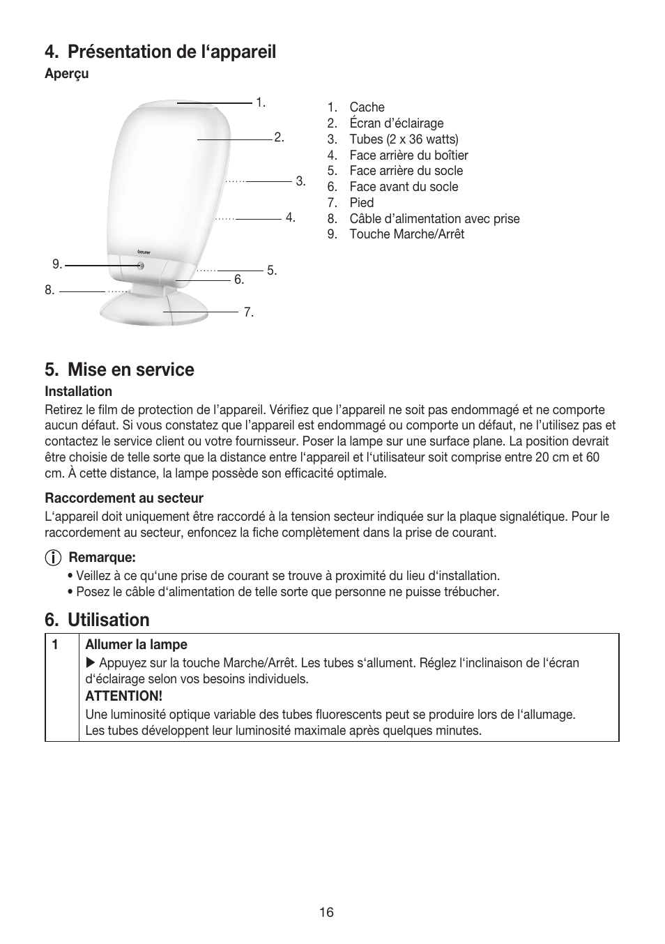 Présentation de l‘appareil, Mise en service, Utilisation | Beurer TL 80 User Manual | Page 16 / 52