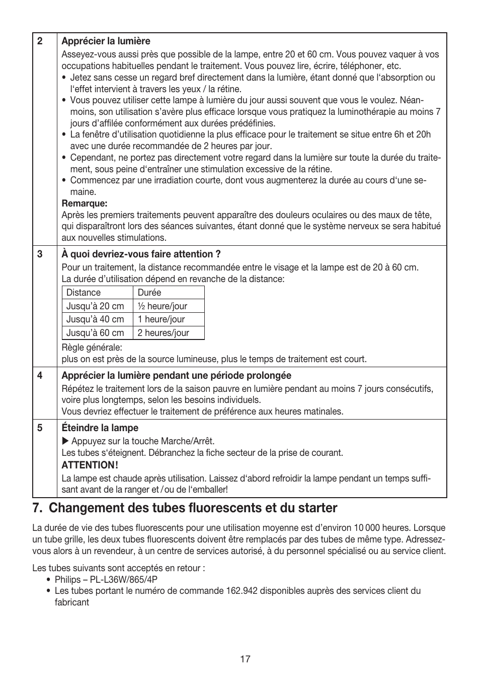 Changement des tubes fluorescents et du starter | Beurer TL 80 User Manual | Page 17 / 52