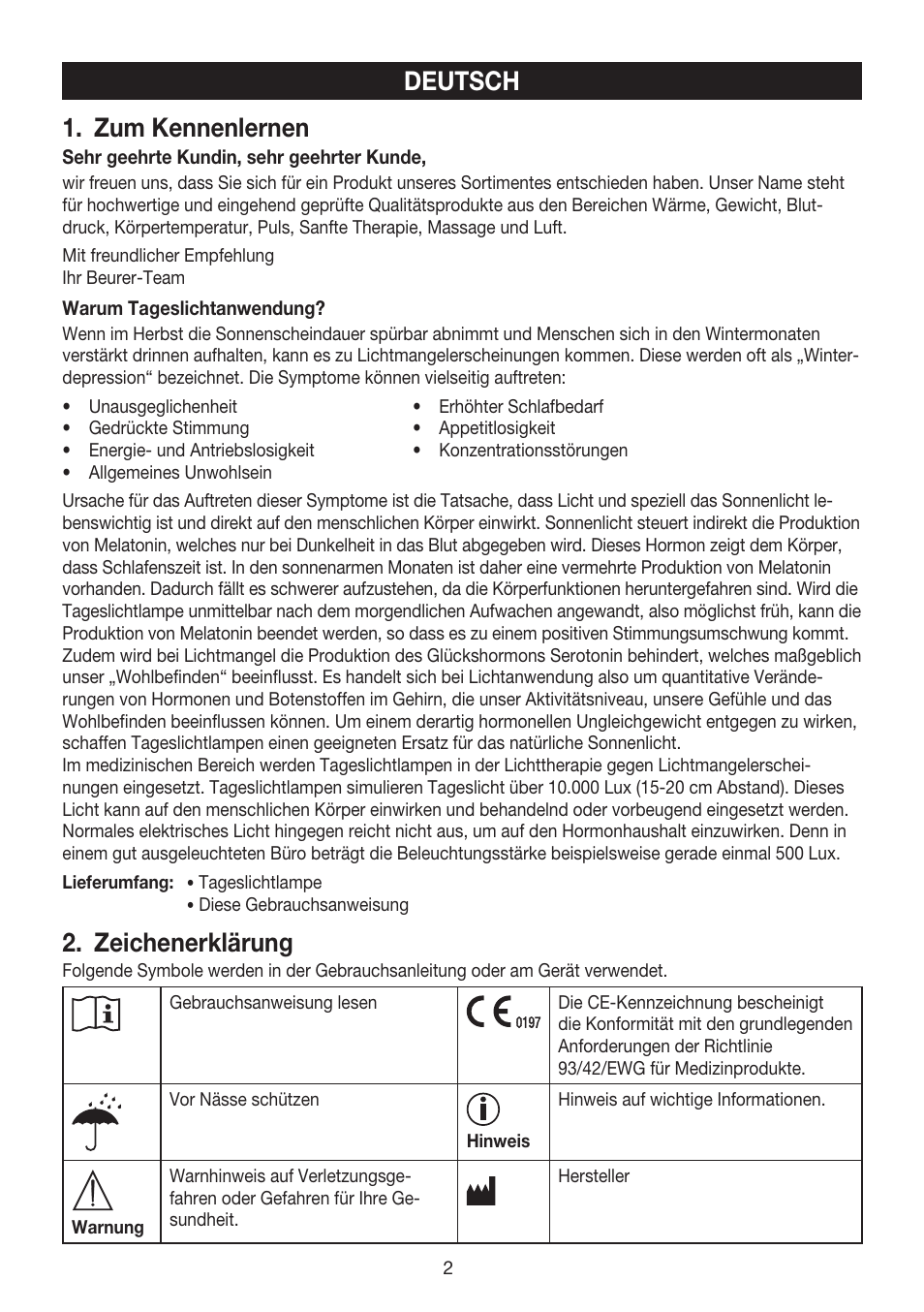 Deutsch 1. zum kennenlernen, Zeichenerklärung | Beurer TL 80 User Manual | Page 2 / 52