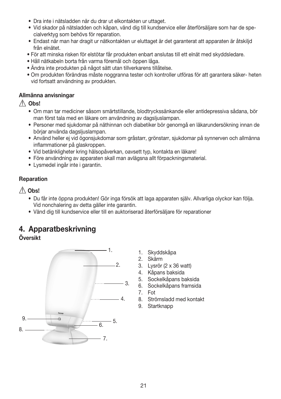 Apparatbeskrivning | Beurer TL 80 User Manual | Page 21 / 52