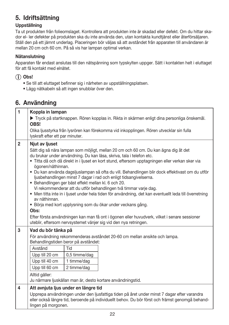 Idriftsättning, Användning | Beurer TL 80 User Manual | Page 22 / 52