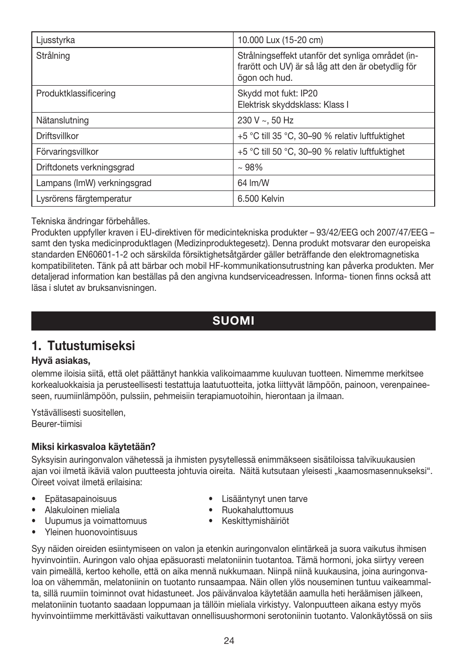Tutustumiseksi, Suomi | Beurer TL 80 User Manual | Page 24 / 52