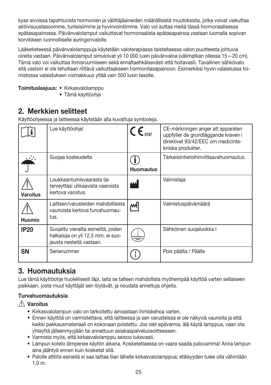 Merkkien selitteet, Huomautuksia | Beurer TL 80 User Manual | Page 25 / 52