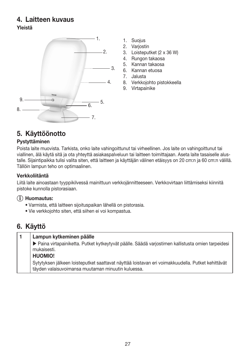 Laitteen kuvaus, Käyttöönotto, Käyttö | Beurer TL 80 User Manual | Page 27 / 52